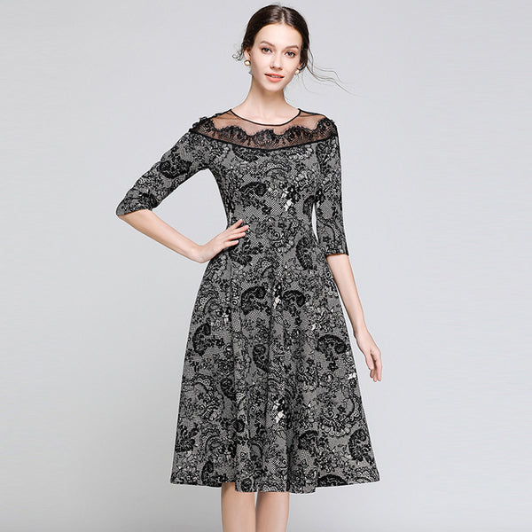 Elegant mesh patch crew neck print a-line dresses