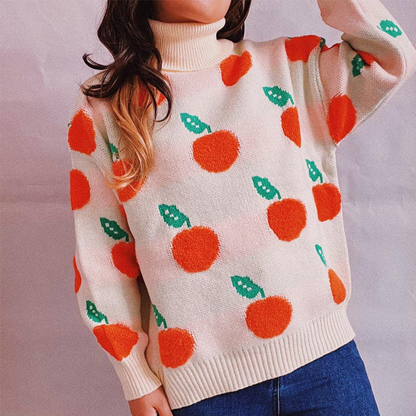 Fruit intarsia high neck long sleeve sweaters