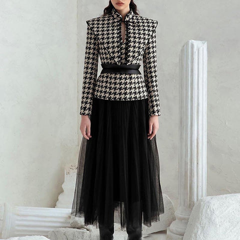 Houndstooth mock neck long sleeve coats and mesh skirts suits