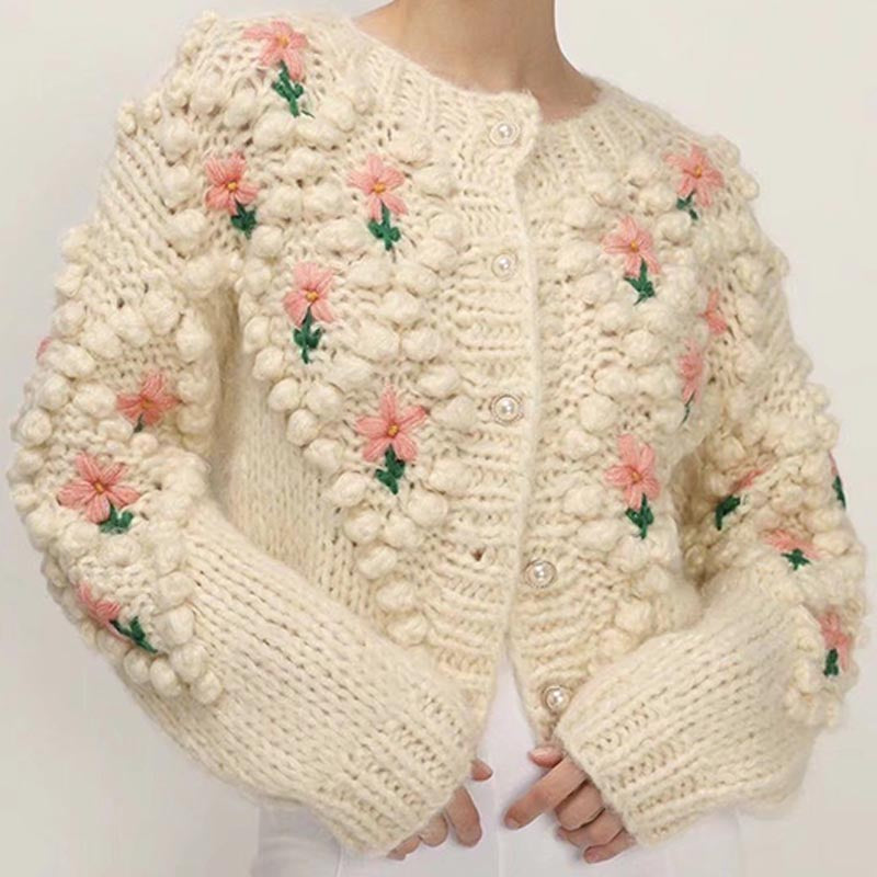 Sweet embroidery beads buttons cable knit cardigans