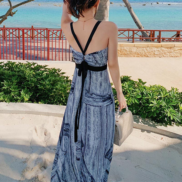 Chiffon print backless strap maxi dresses