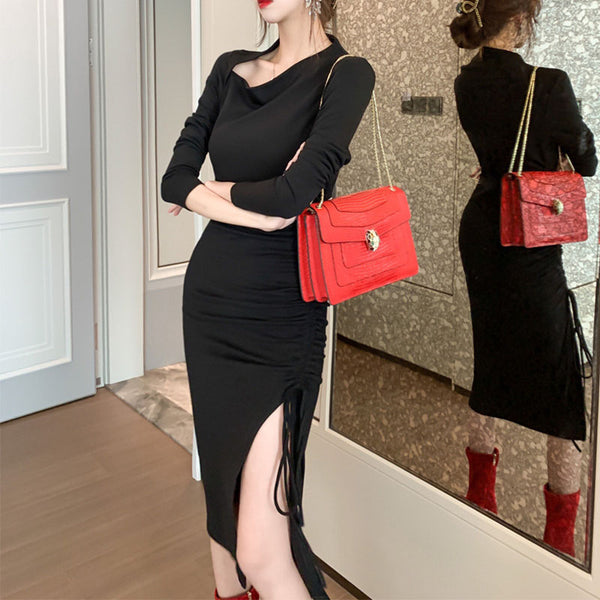 Black split drawcord asymmetrical sheath dresses