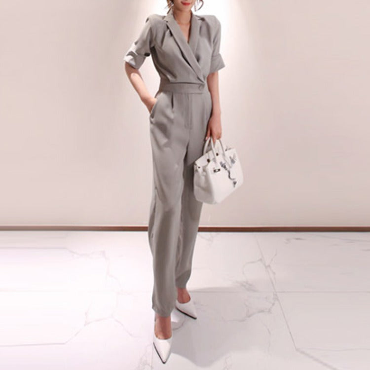 Grey lapel half sleeve jumpsuits