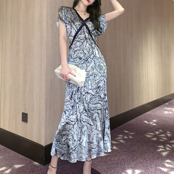 Grey print contrast piping peplum dresses