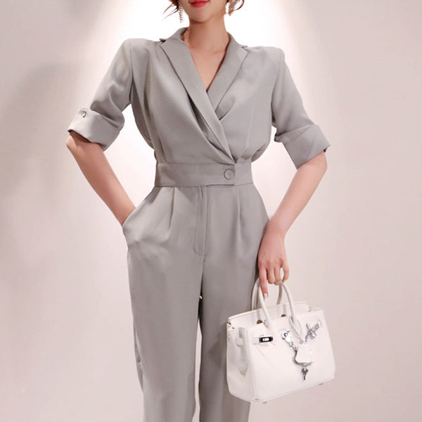 Grey lapel half sleeve jumpsuits