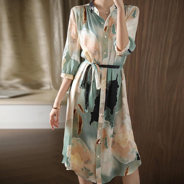 Elegant dye lapel three quarters sleeve shirt dresses