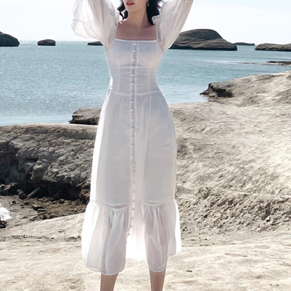 Vintage solid square neck puff sleeve maxi dresses