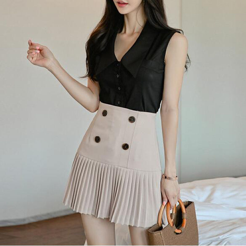 Sleeveless top double-breasted pleated skirt suits