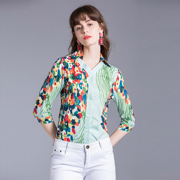 Retro print v-neck floral blouses