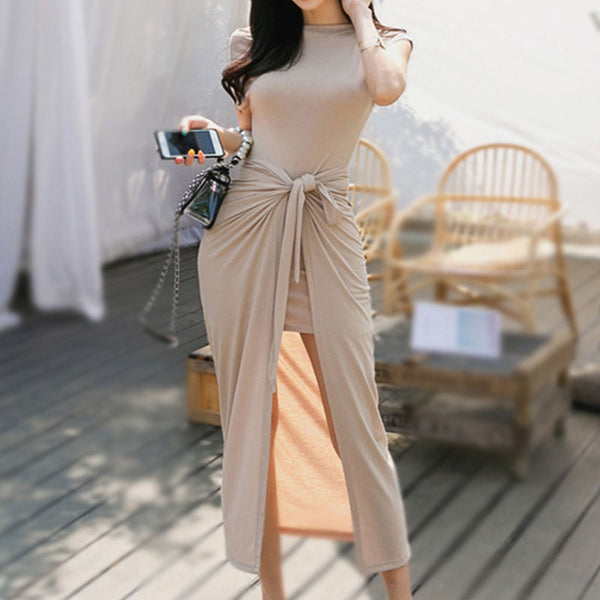 Solid crew neck cap sleeve knot front skirt suits