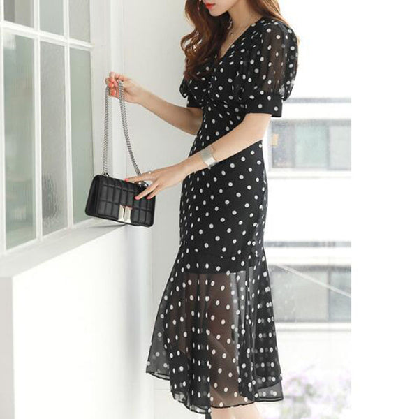 V-neck polka dot sheath peplum dresses