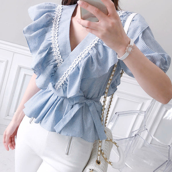 Striped ruffle patchwork short blouses