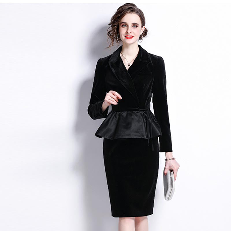 Vintage velvet notched ruffled long sleeve blazers and bodycon skirts suits