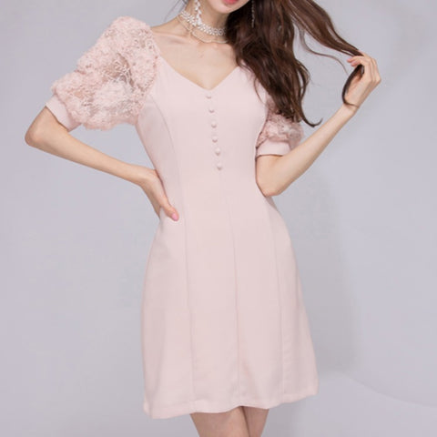 Pink lace puff sleeve mini dresses