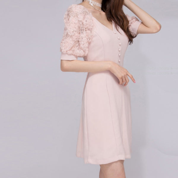 Pink lace puff sleeve mini dresses