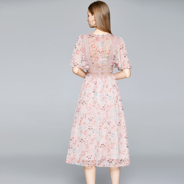 Flare sleeve openwork lace print a-line dresses