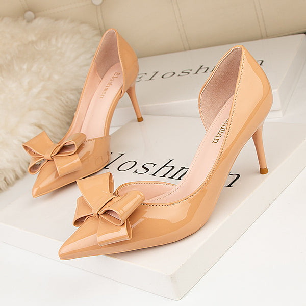 Pointed toe bowknot side cut out stiletto heels