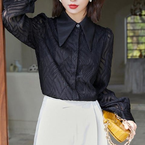 Solid lace lapel long sleeve blouses