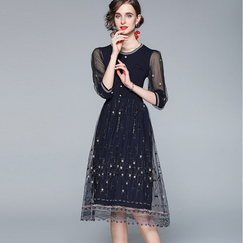 Crew neck embroidered mesh a-line dresses