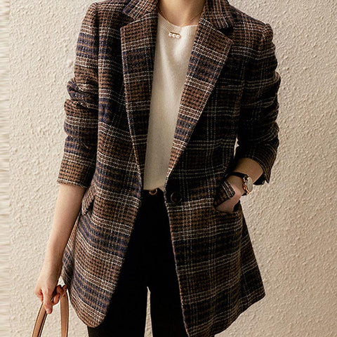 Vintage plaid lapel long sleeve woolen blazers