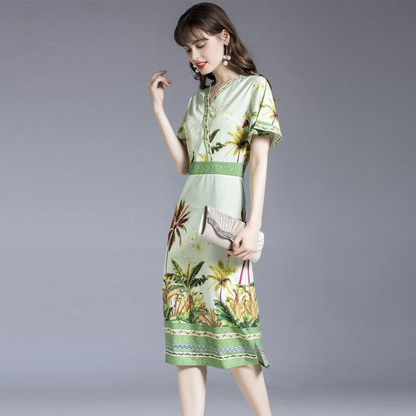 Floral high waist flare sleeve dresses