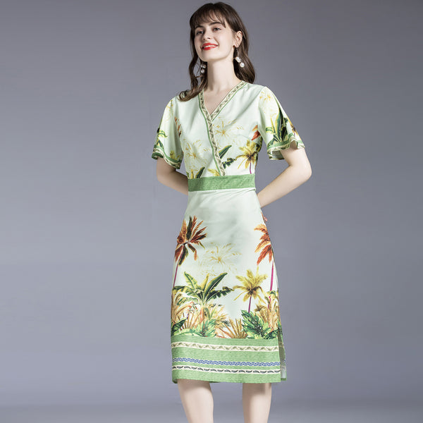 Floral high waist flare sleeve dresses