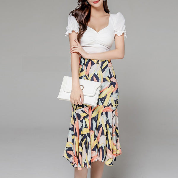 Puff sleeve top print peplum skirt suits