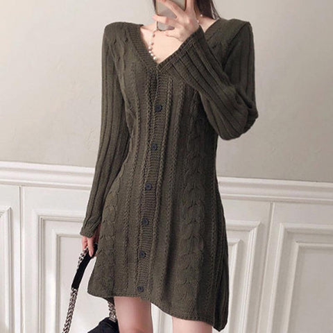 V-neck button down causal sweater dresses