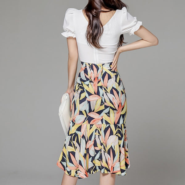 Puff sleeve top print peplum skirt suits