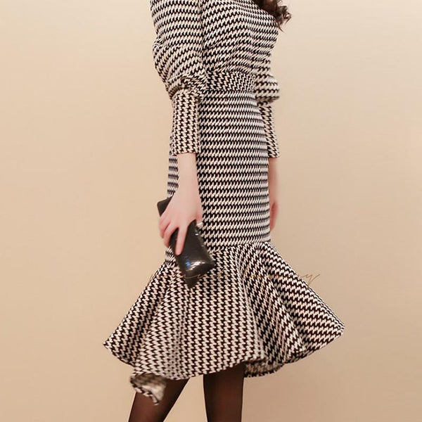 Houndstooth puff sleeve peplum skirt suits