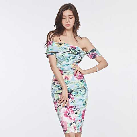 Floral off-the-shoulder split bodycon dresses