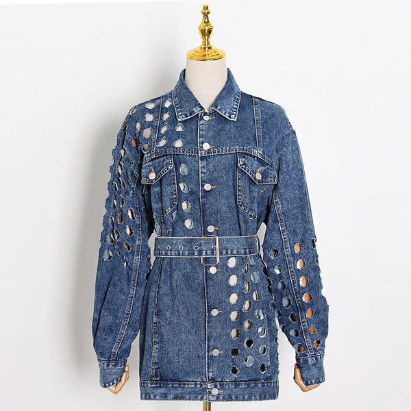 Chic hollow out long sleeve belte denim coats