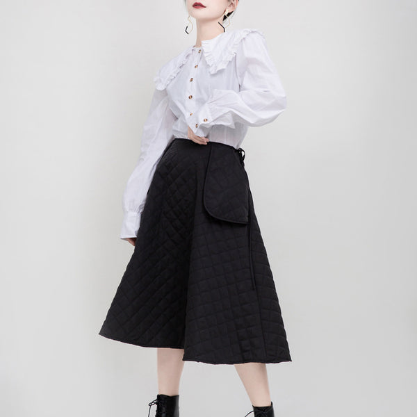 Black stitching a-line tie waist skirts with pockets