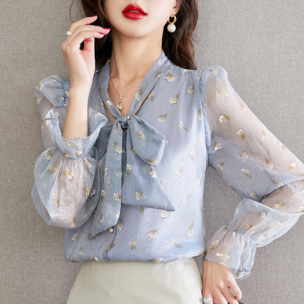 V neck long sleeve bow tie floral blouses