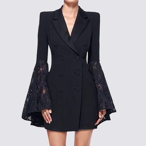 Chic patch flare sleeve lapel double breasted blazer dresses