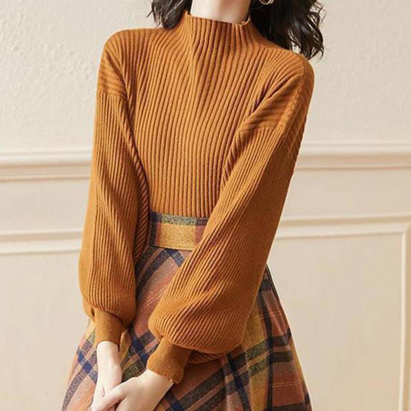 Solid mock neck lantern sleeve sweaters and plaid a-line skirts suits