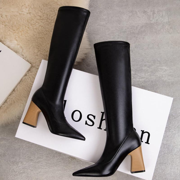 Sexy pointed toe chunky heels high boots