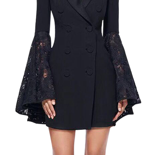 Chic patch flare sleeve lapel double breasted blazer dresses