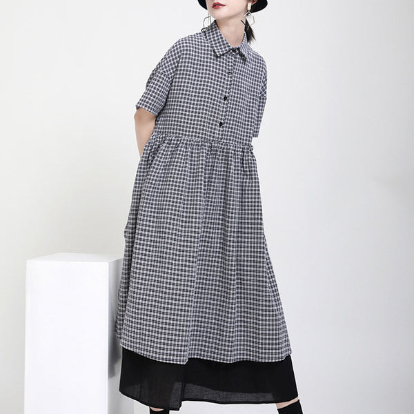 Turn-down collar plaid big hem midi dresses