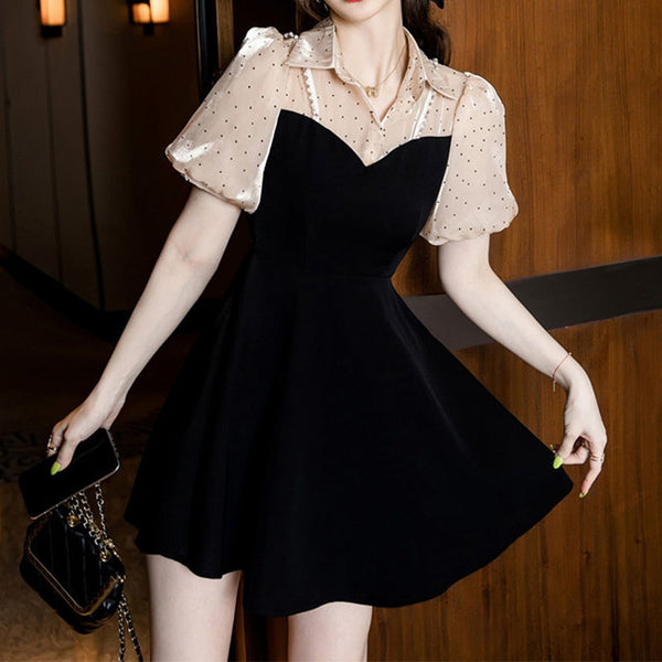 Turn-down collar dot patchwork cover-up a-line dresses