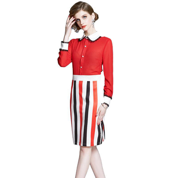 Turn-down collar striped dresses