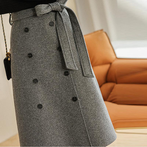 Vintage double buttons belted midi skirts