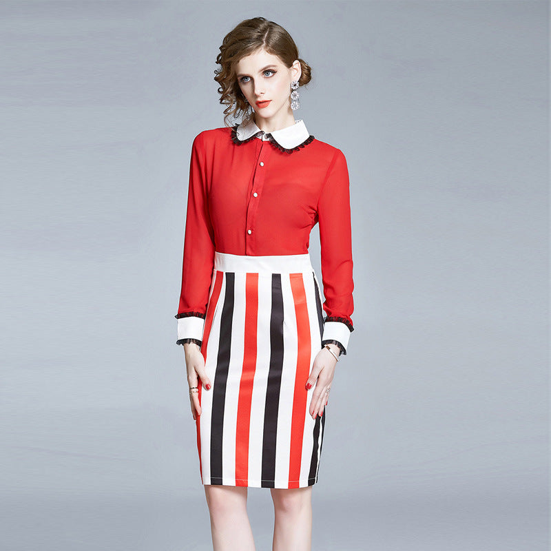 Turn-down collar striped dresses