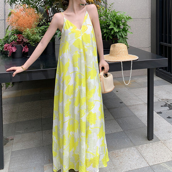 Summer Maxi Dress V Neck High Print Straps Floral Boho Dress