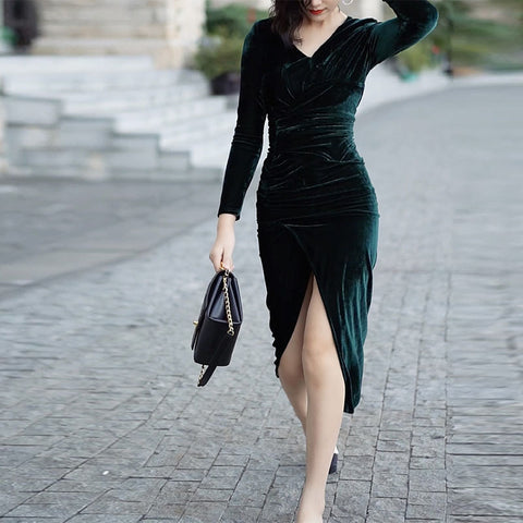 Velvet v-neck long sleeve irregular dresses
