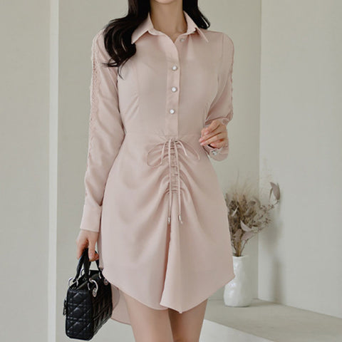 Light pink turn-down collar drawcord irregular dresses