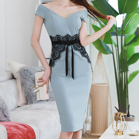 V-neck short sleeve lace patchwork sheath blue dresses