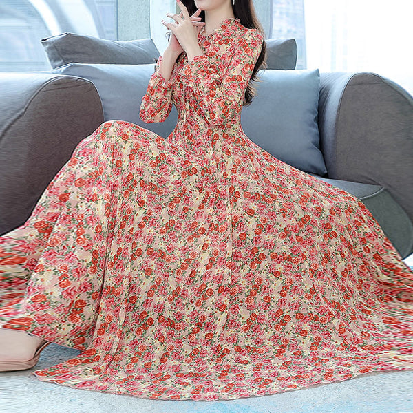 Long sleeve floral print maxi dresses
