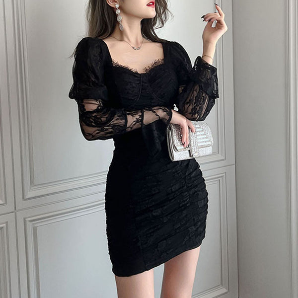 Lantern sleeve solid lace bodycon dresses