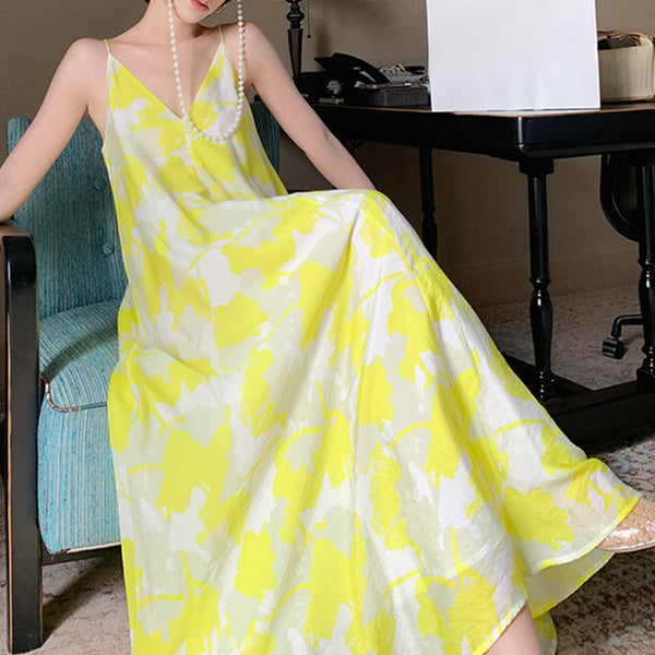 Summer Maxi Dress V Neck High Print Straps Floral Boho Dress